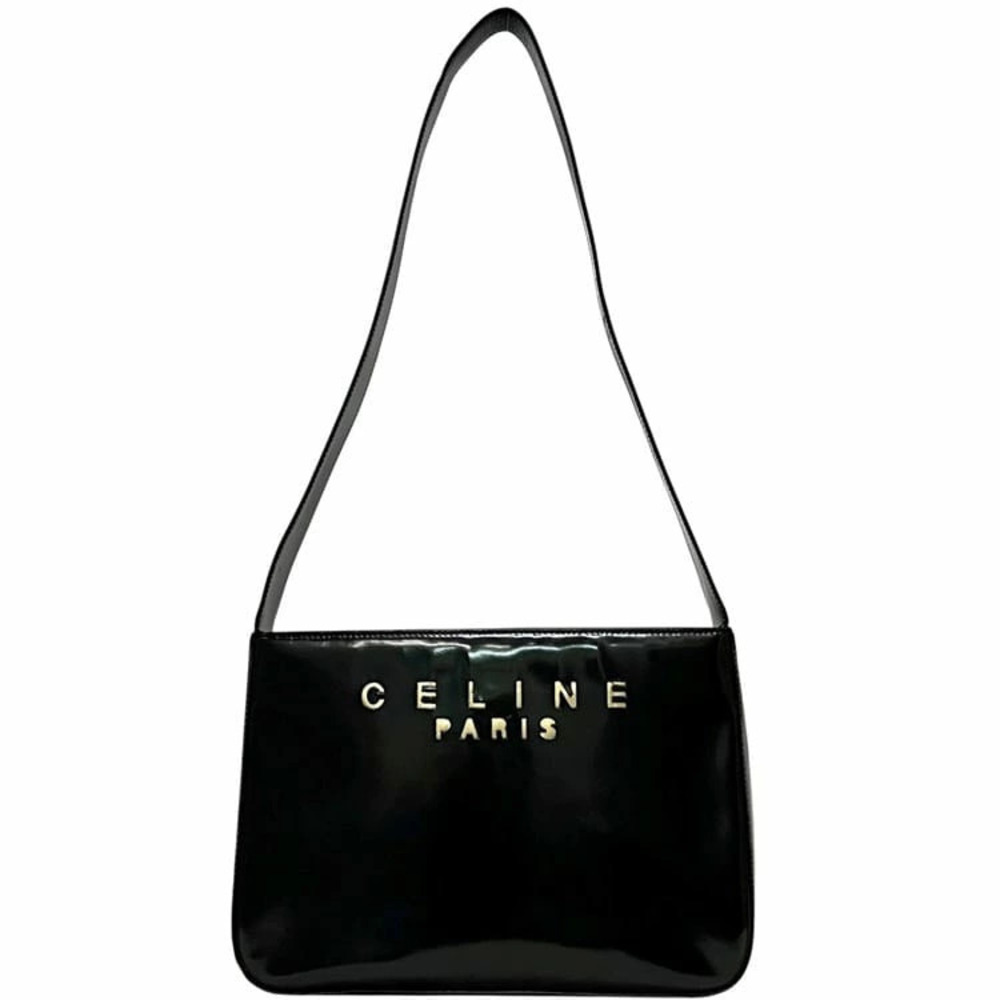 Celine Shoulder Bag Black Leather F Logo Perforated Closure Shoulder - Picture 1 of 10